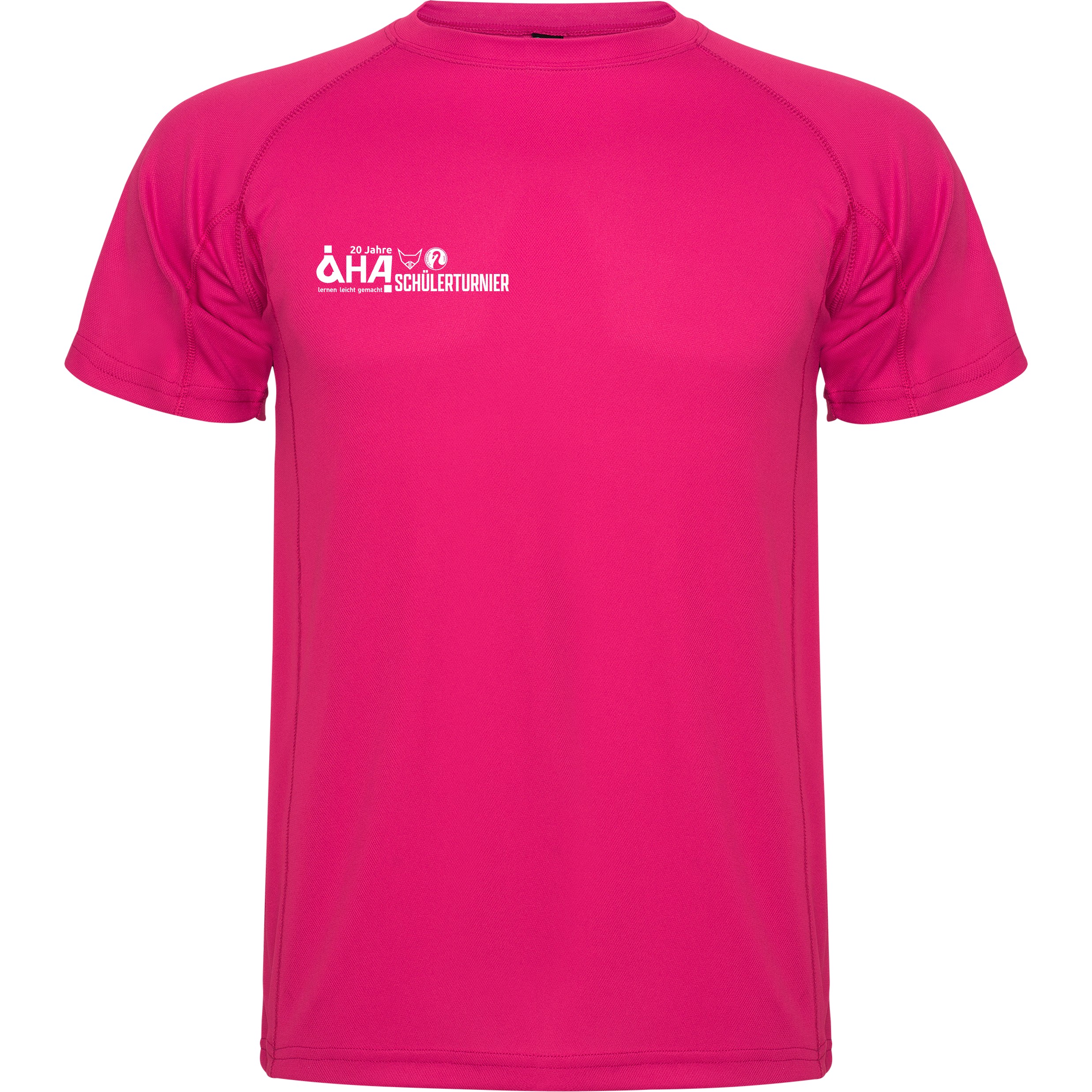 Frontansicht eines pinken Funktions-T-Shirts mit kurzem Arm und weißem AHA Schülterturnier-Druck auf der linken Brust