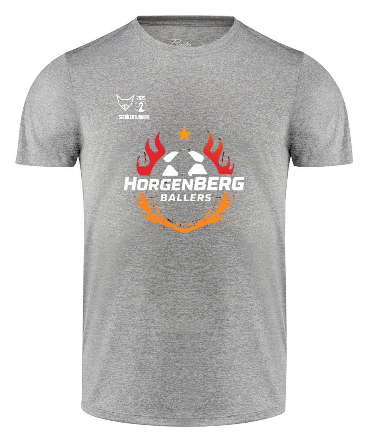 Graues T-Shirt mit Horgenberg Ballers Schriftzug, Fußballmotiv, Flammen-Design und Schülerturnier 2025 Aufdruck