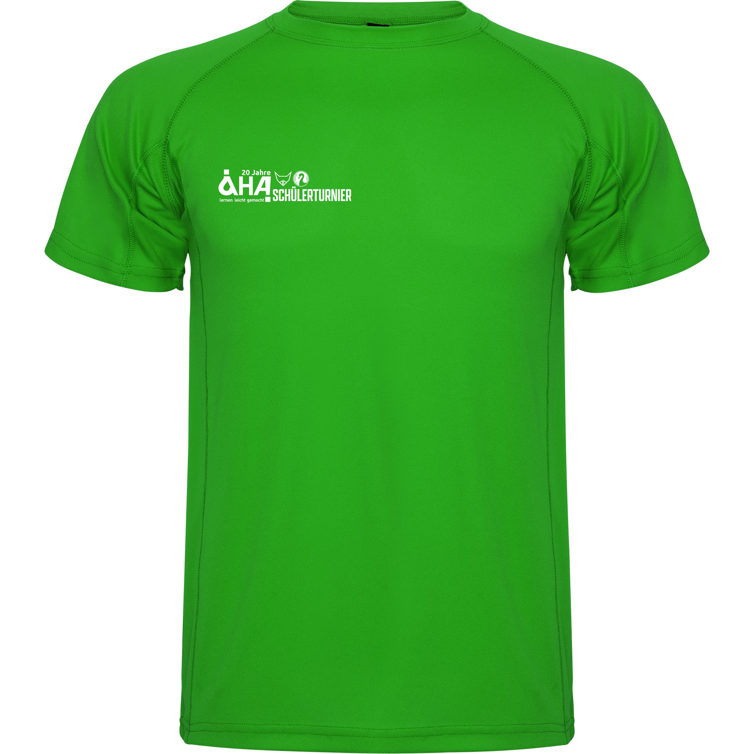 Grünes kurzärmeliges Funktionsshirt mit weißem AHA-Schülerturnier-Logo auf der linken Brustseite