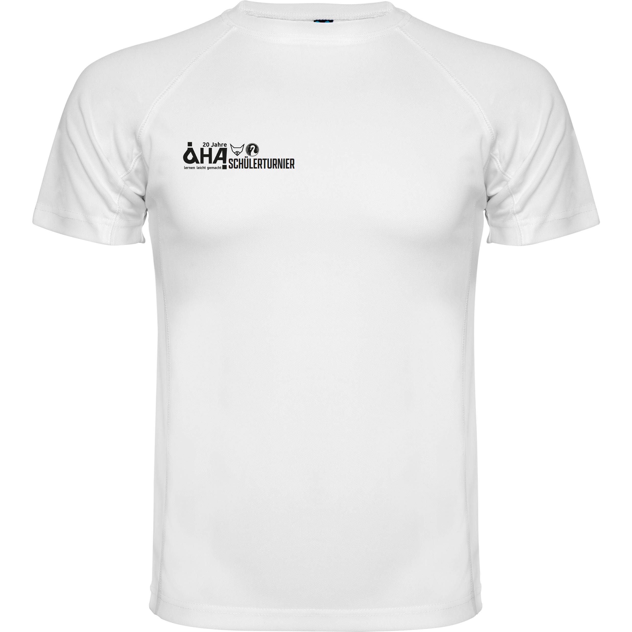 Frontansicht eines weißen Funktions-T-Shirts mit schwarzem Brustdruck „20 Jahre AHA! Schülterturnier“ auf der linken Brust