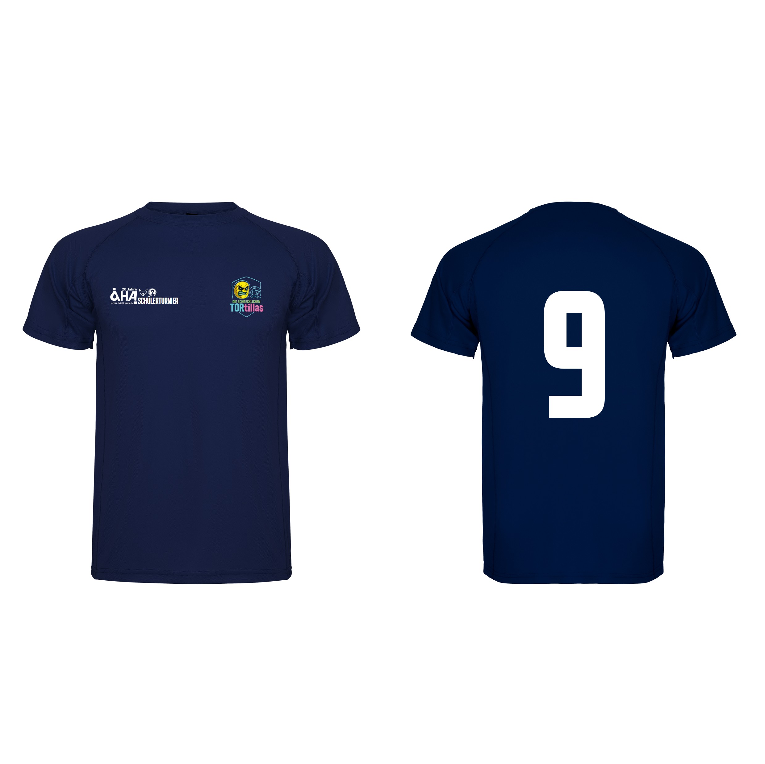 Dunkelblaues Teamshirt „Die schrecklichen Tortillas“ mit Turnierlogo vorn und großer weißer Nummer 9 auf dem Rücken