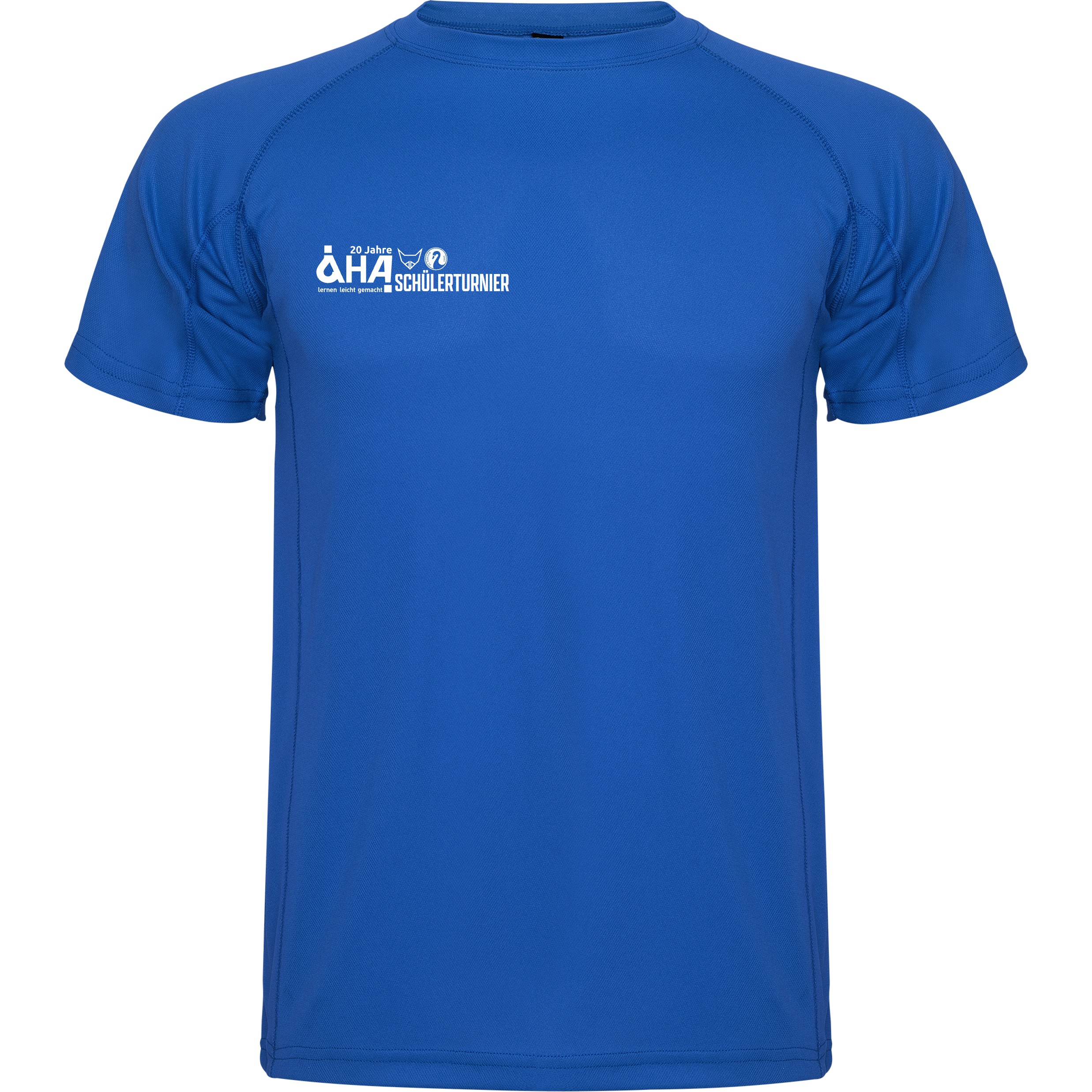 Königsblaues Sport-Funktionsshirt mit kurzem Arm und weißem Brustlogo „20 Jahre AHA Schülterturnier“