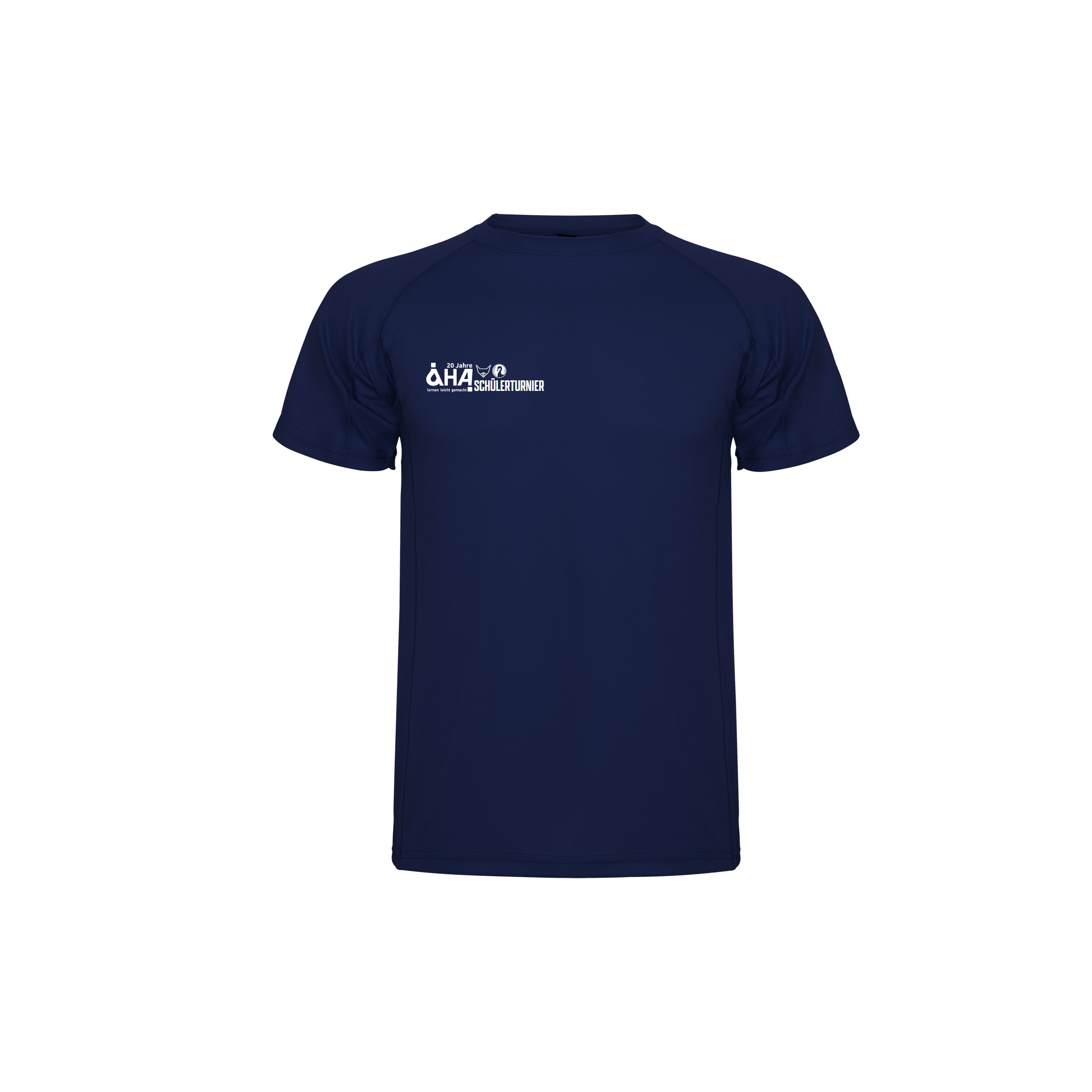 Dunkelblaues Sport- und Funktions-T-Shirt mit weißem AHA Schülterturnier Brustlogo, Vorderansicht