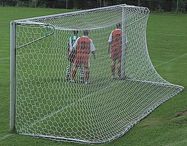 Ein Fußballtor auf einem grünen Rasen, zwei Spieler in Sportkleidung stehen nahe dem Tor.