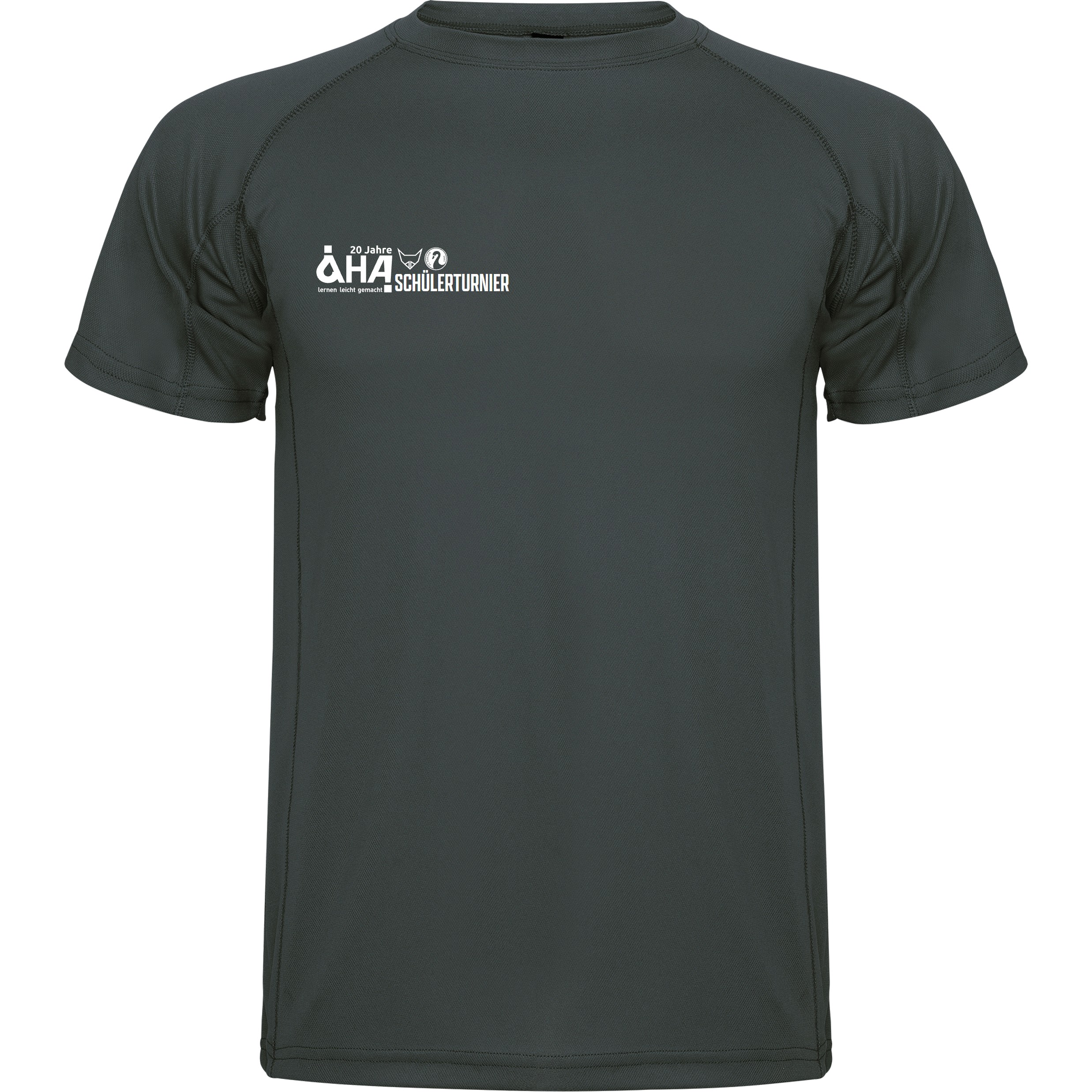 Dunkelgraues kurzärmeliges Funktions-T-Shirt mit weißem Logo-Print „20 Jahre AHA Schülerturnier“ auf der linken Brust