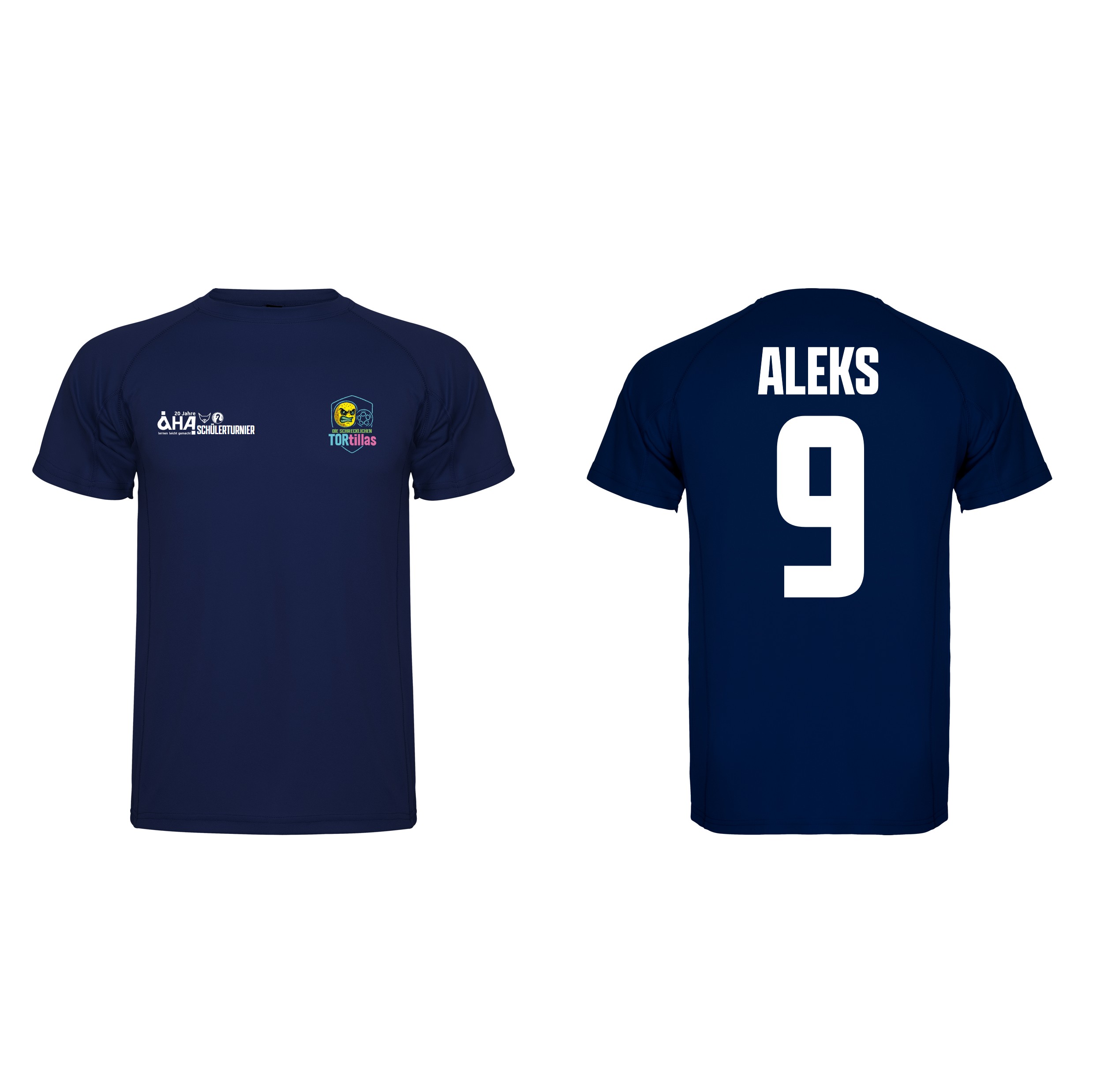 Dunkelblaues Teamshirt zum Schülterturnier mit AHA- und Tortillas-Logo vorn sowie ALEKS und Nummer 9 auf dem Rücken, Vorder- und Rückansicht