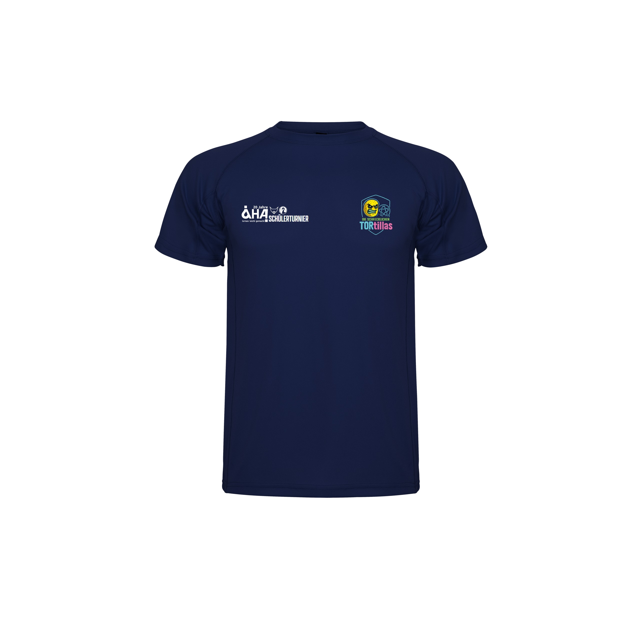 Vorderansicht eines navyblauen Funktions-T-Shirts mit AHA Schülerturnier-Logo links und Team-Motiv „Die schrecklichen TORTillas“ auf der Brust