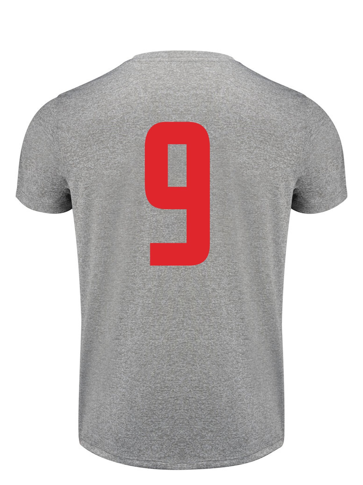 Rückseite eines grauen T-Shirts mit großer roter Zahl 9 mittig auf dem Rücken, im sportlichen Jersey-Look