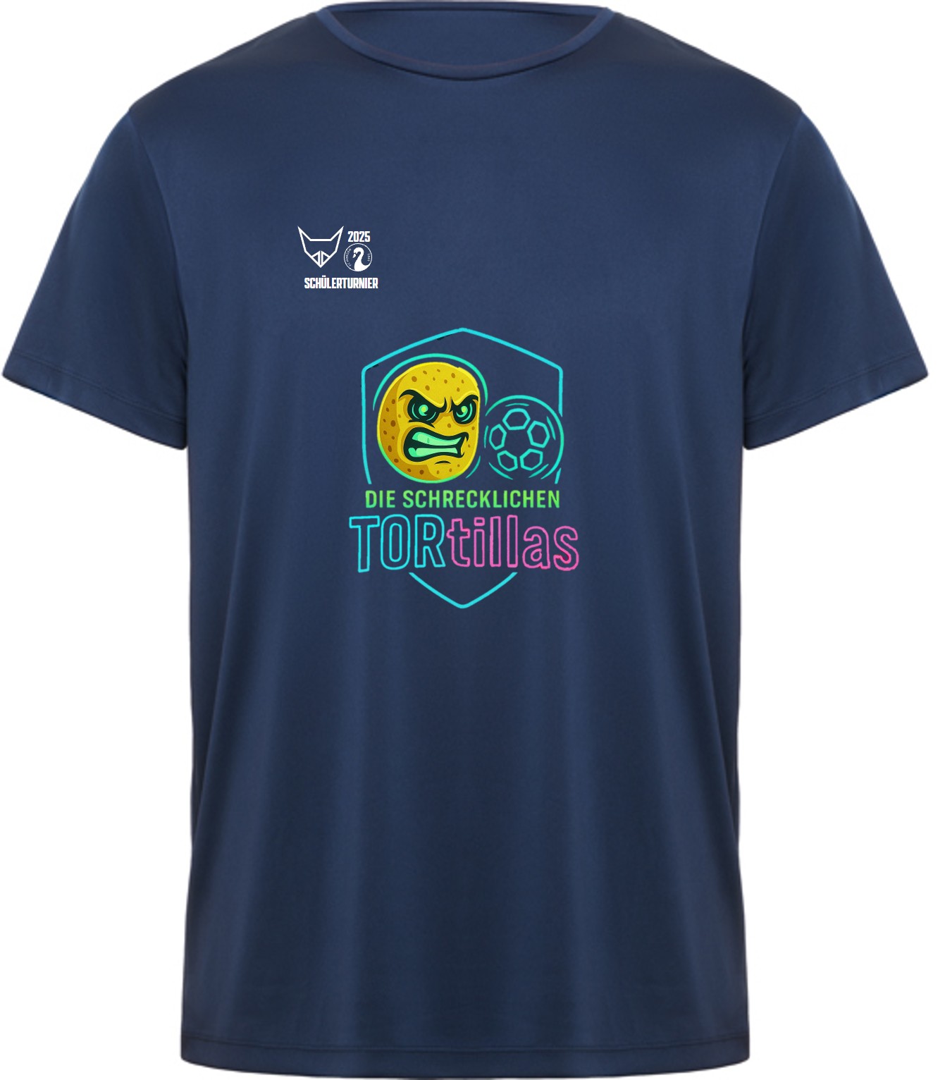 Dunkelblaues T-Shirt zum Schülerturnier 2025 mit neonfarbenem Print „Die schrecklichen TORTillas“, grimmiger Tortilla-Figur und Fußballmotiv