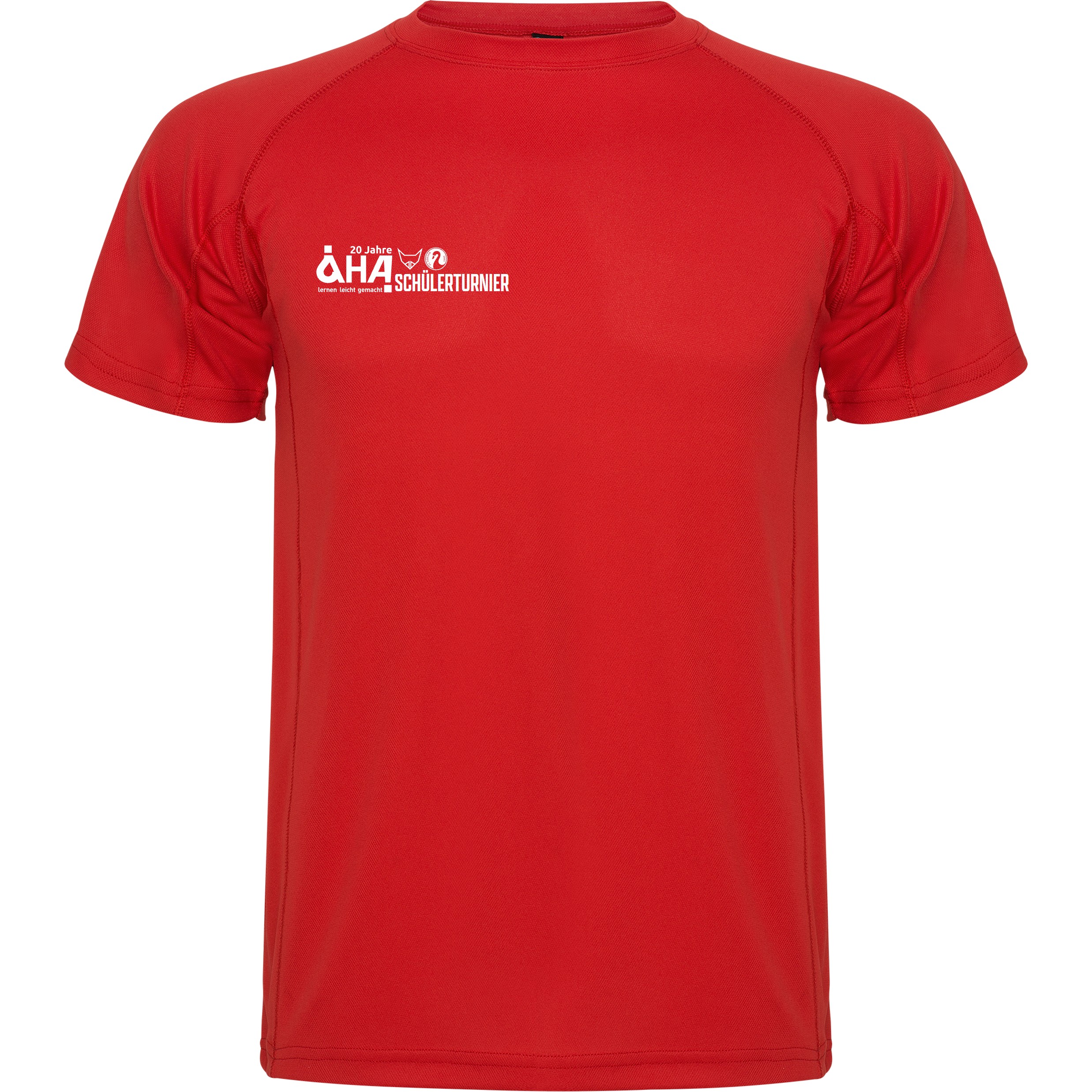 Rotes sportliches Funktions-T-Shirt mit kurzen Ärmeln und weißem ÄHA Schülterturnier Brustdruck
