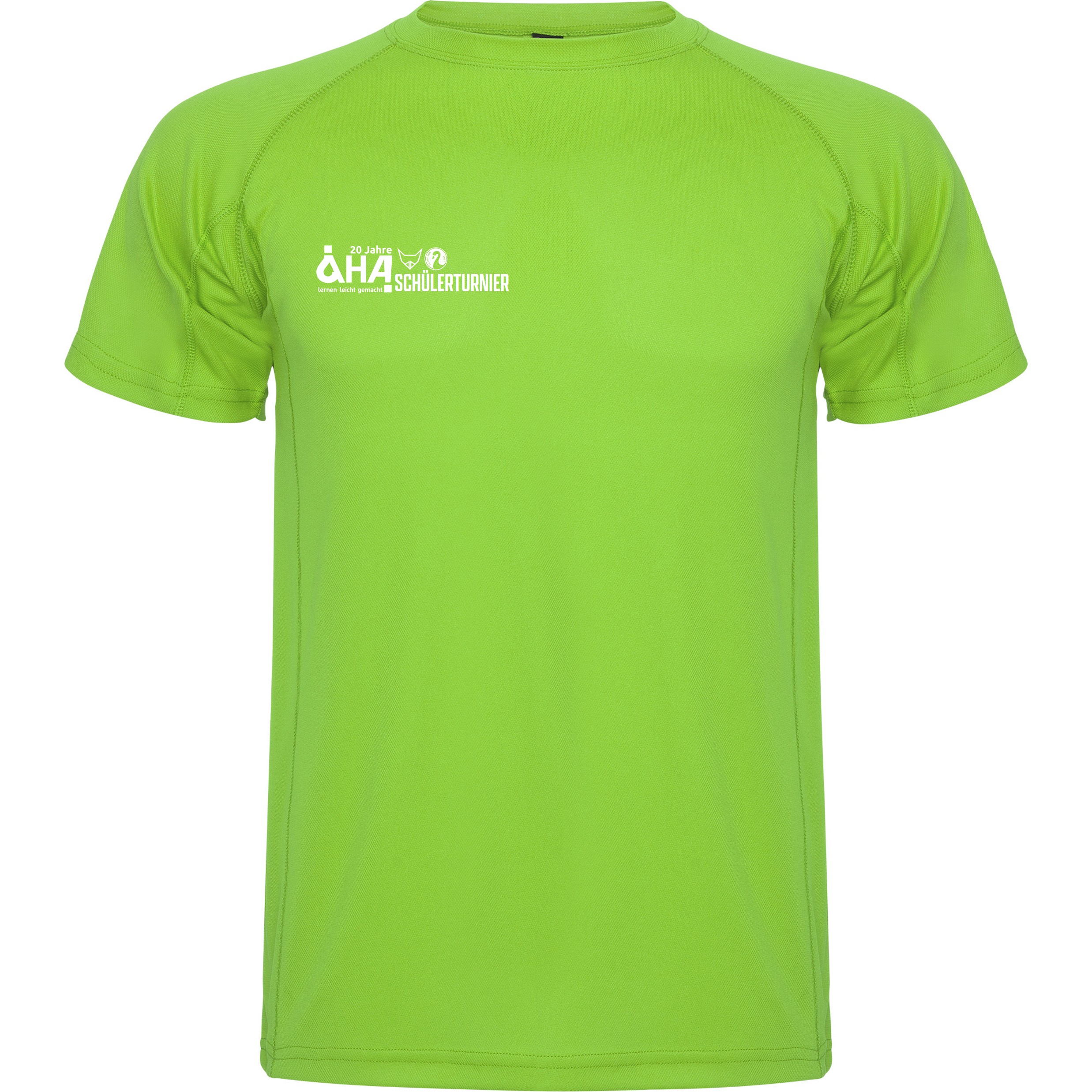 Neongrünes Sport- und Funktions-T-Shirt mit kurzem Arm und weißem AHA Schülerturnier Logo auf der linken Brust
