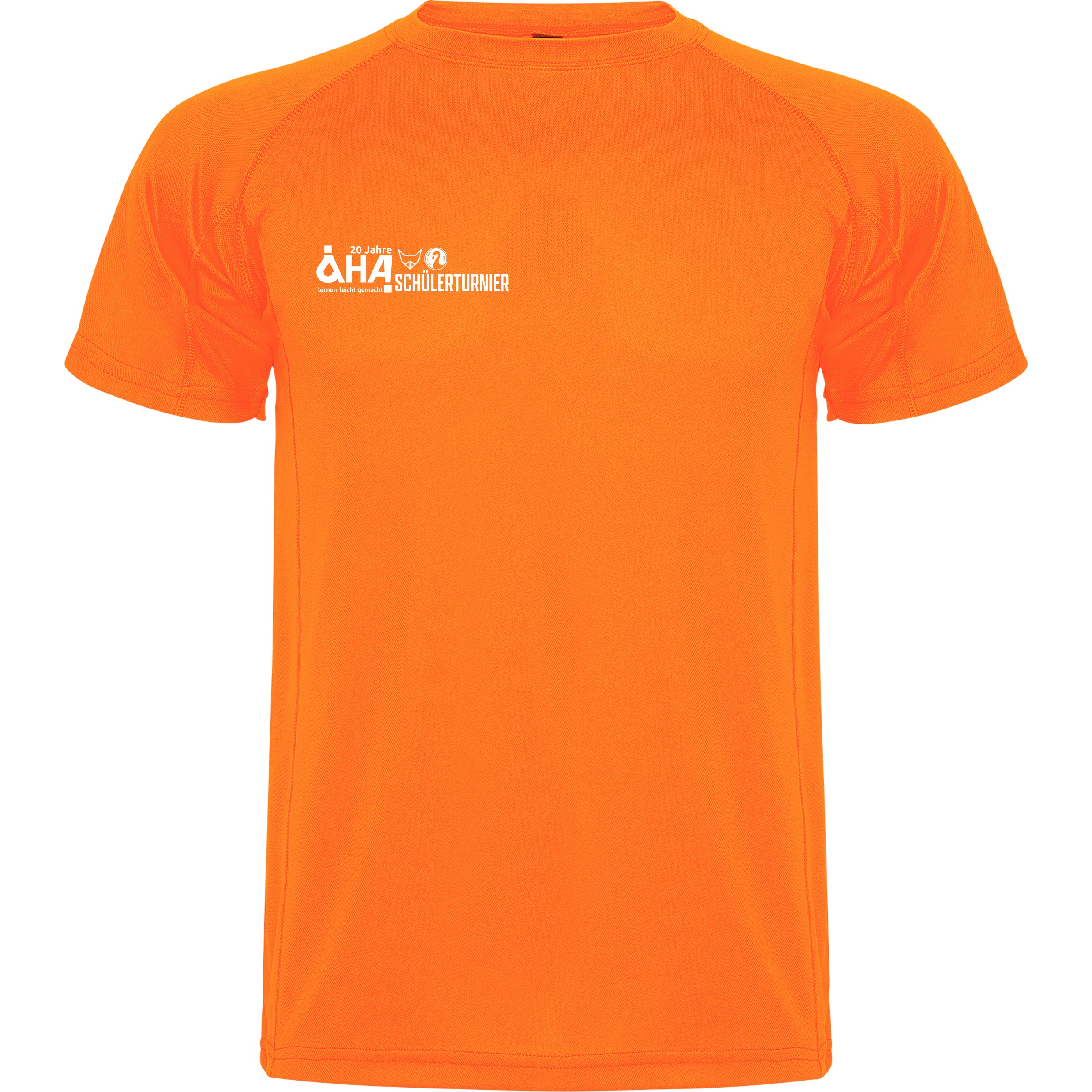 Frontansicht eines orangefarbenen Funktions-T-Shirts mit Rundhalsausschnitt und weißem AHA Schülterturnier-Brustdruck