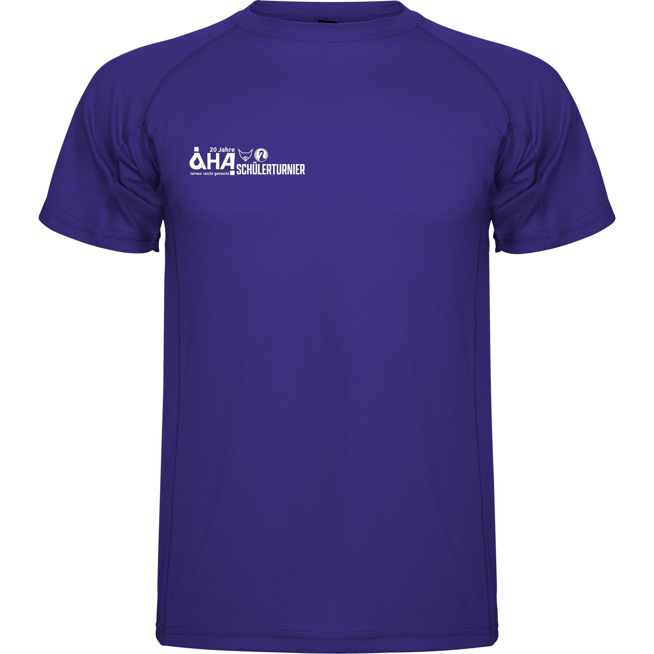 Vorderansicht eines lila Funktions-T-Shirts mit Rundhalsausschnitt und weißem AHA-Schülerturnier-Logo auf der linken Brust