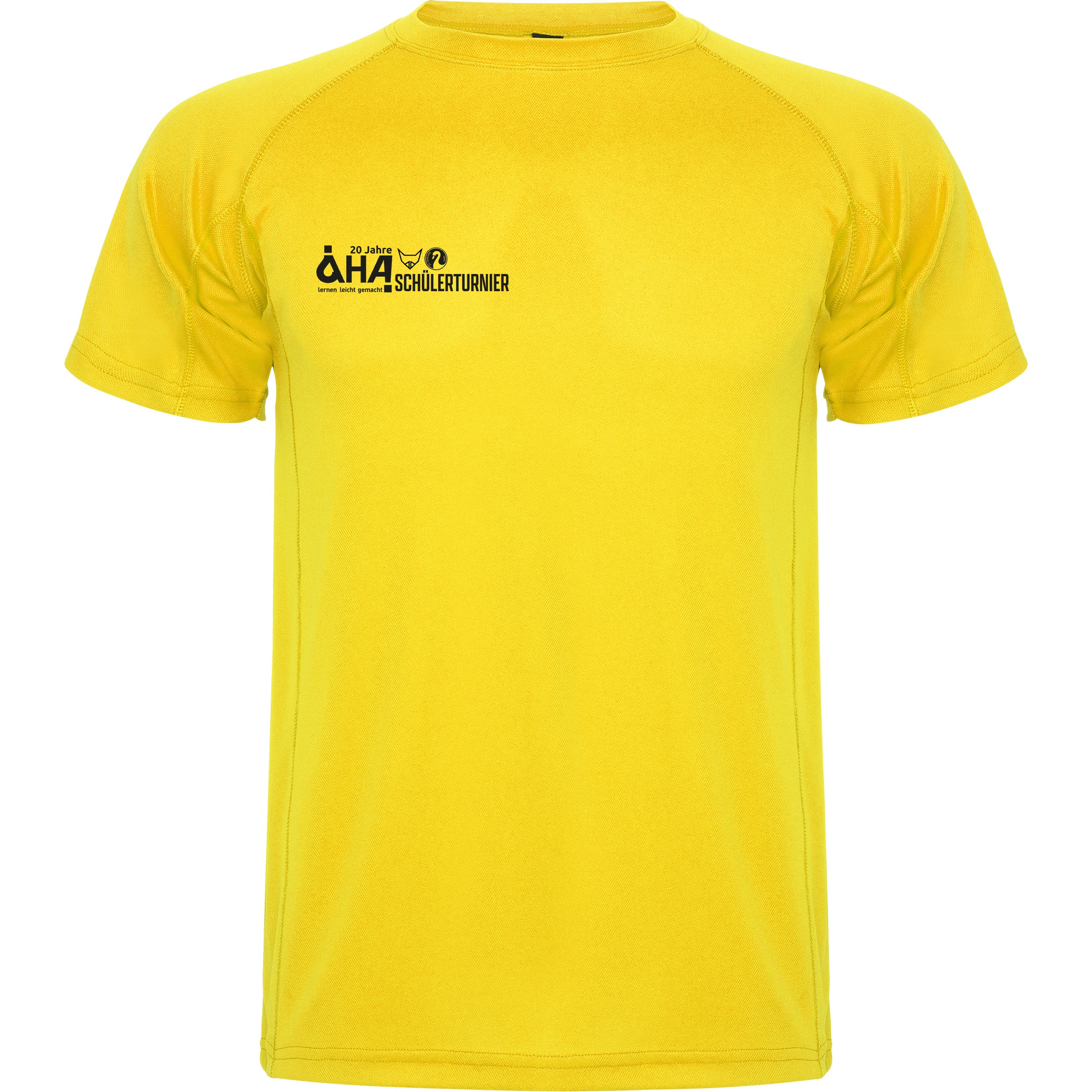 Vorderansicht eines gelben Sport- und Funktionsshirts mit schwarzem AHA-Schülerturnier-Aufdruck links auf der Brust