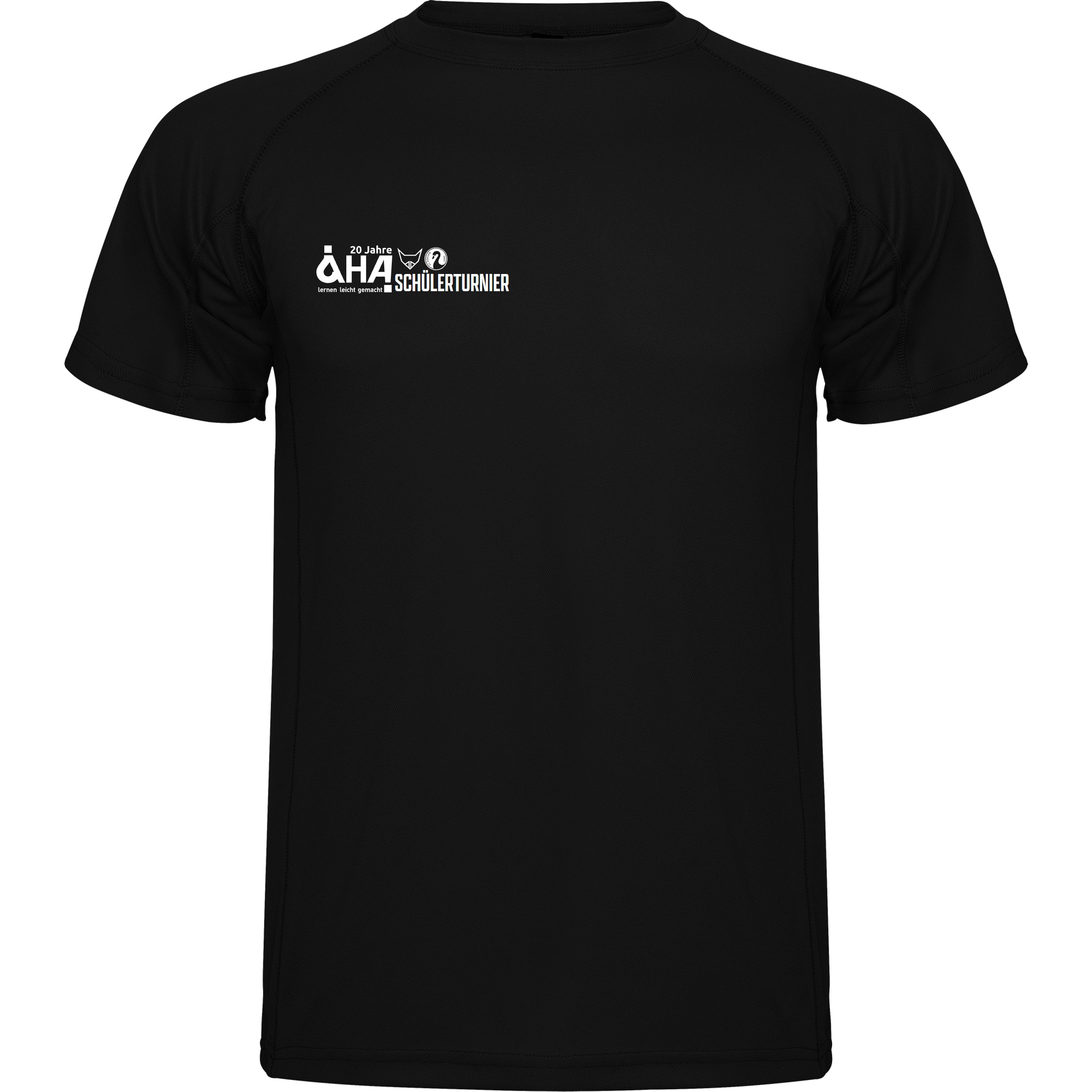 Schwarzes kurzärmliges Funktions-T-Shirt mit weißem Aufdruck „20 Jahre AHA Schülerturnier“ auf der linken Brust